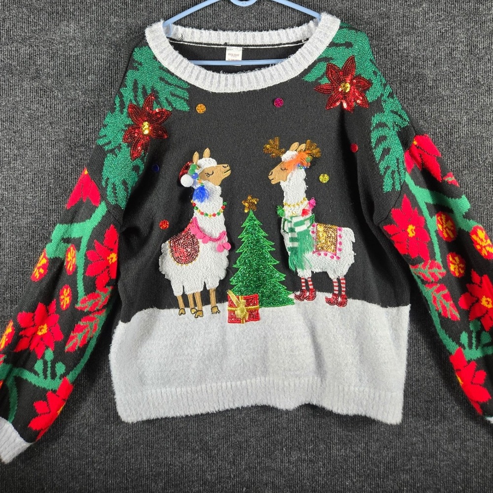 Holiday Time Llama Ugly Christmas Sweater Black Plus Size 1X Poinsettia Sequin